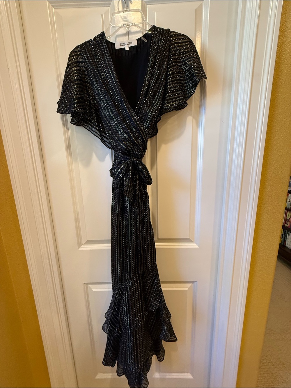 Diane Von Furstenberg Black Metallic Stripe Wrap Maxi Dress